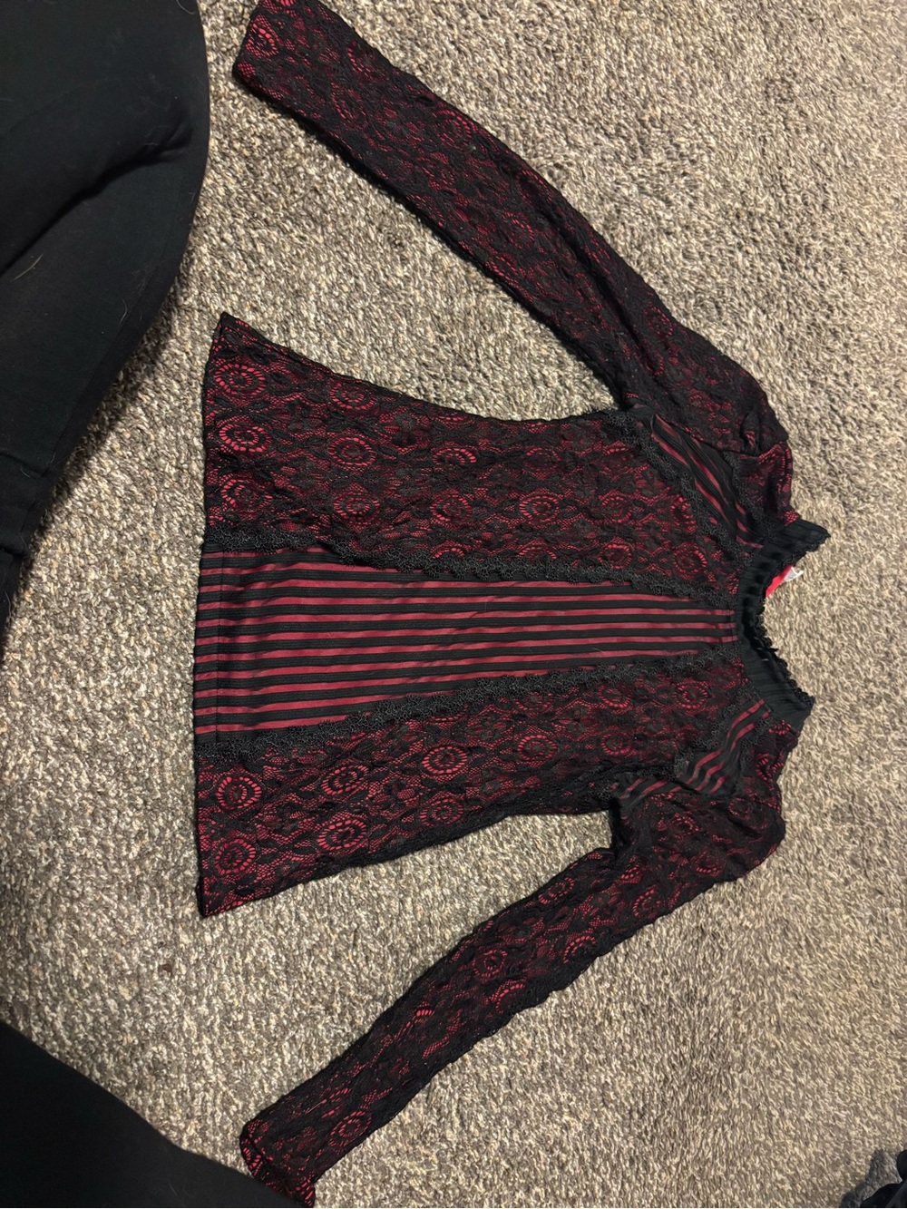 Black & Red Lace Striped Long Sleeve Top